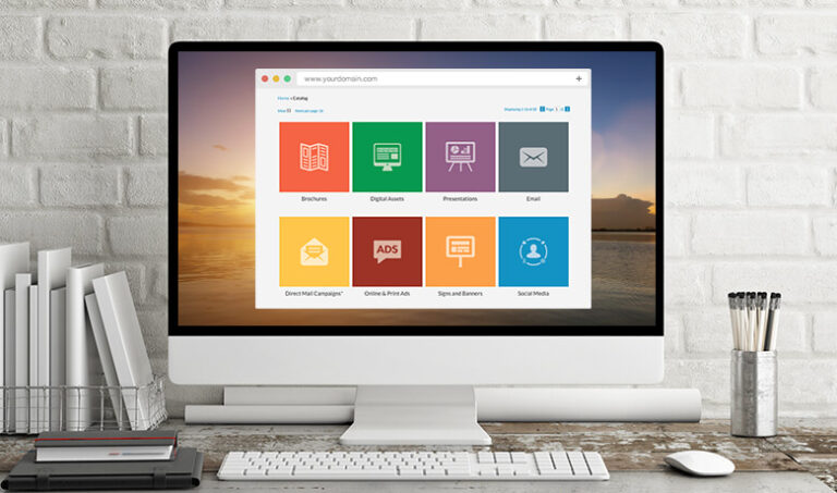 Computer monitor on a desk with a window showing a marketing portal